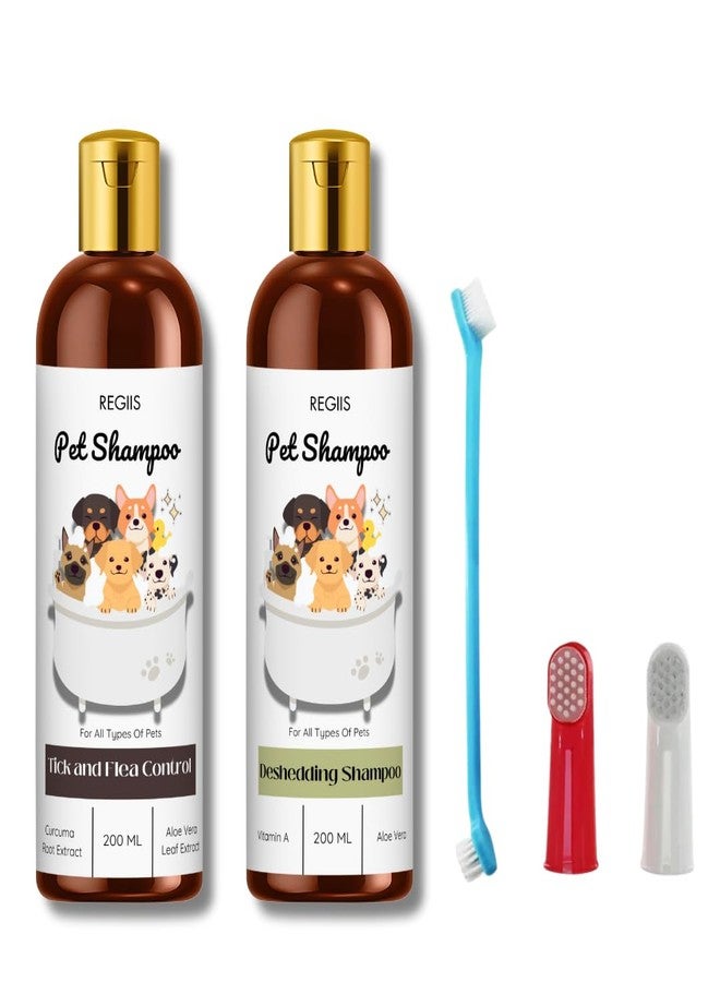 REGIIS Pet Shampoo Set with Tick and Flea Control & Deshedding Formula with 3 Grooming Brushes, Pack of 3 - Image 1
